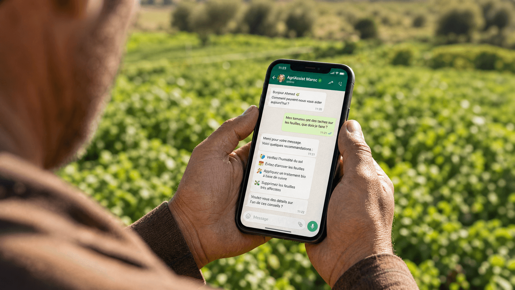 فلاح كيشوف تنبيه السقي من الذكاء الاصطناعي فواتساب (Farmer looking at GrowAI irrigation alert on WhatsApp). فلاح كيشوف تنبيه السقي من الذكاء الاصطناعي فواتساب (Farmer looking at GrowAI irrigation alert on WhatsApp).