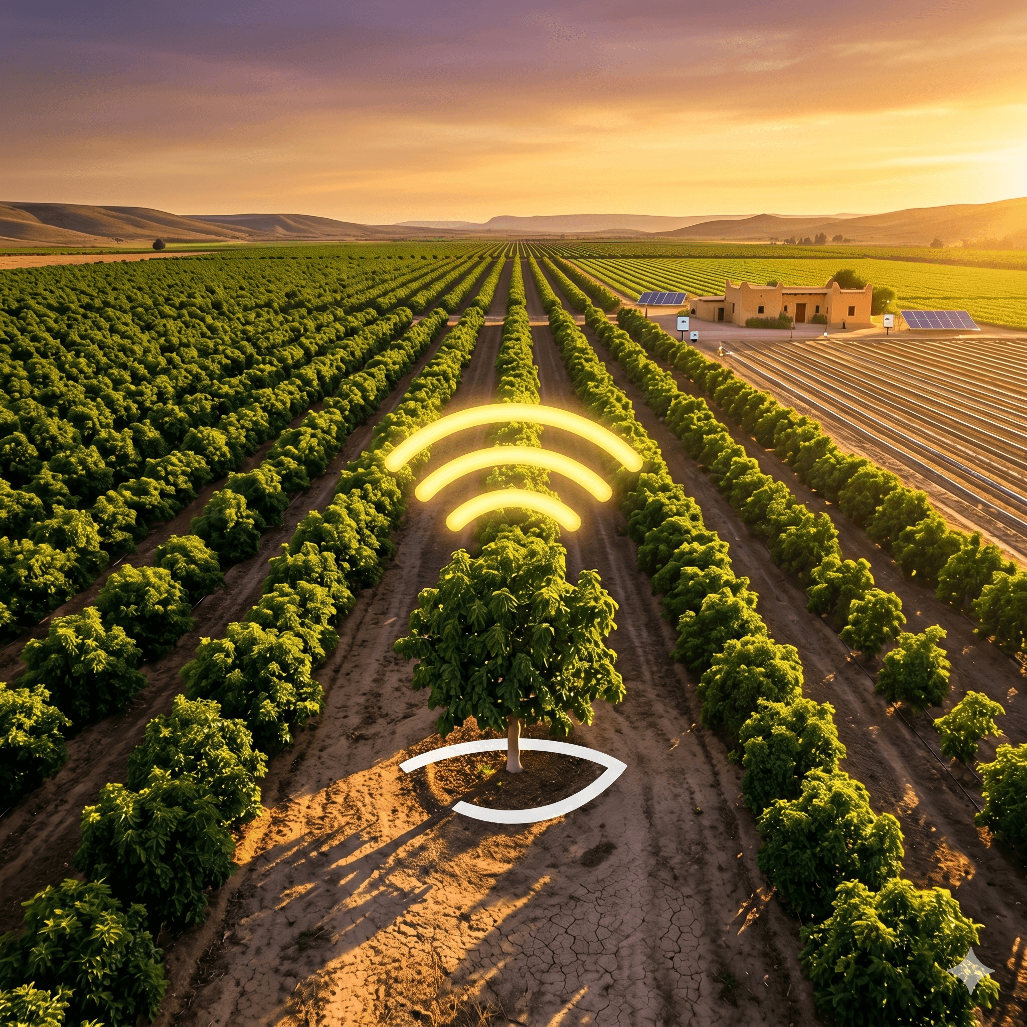 منظر من الفوق لفيرما مسقية مزيان وقت الغروب (Top drone view of a well-irrigated Moroccan farm at sunset). منظر من الفوق لفيرما مسقية مزيان وقت الغروب (Top drone view of a well-irrigated Moroccan farm at sunset).